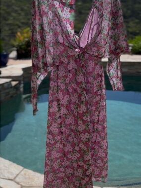 ASOS Pink Floral Sheer Long Sleeve Midi Dress